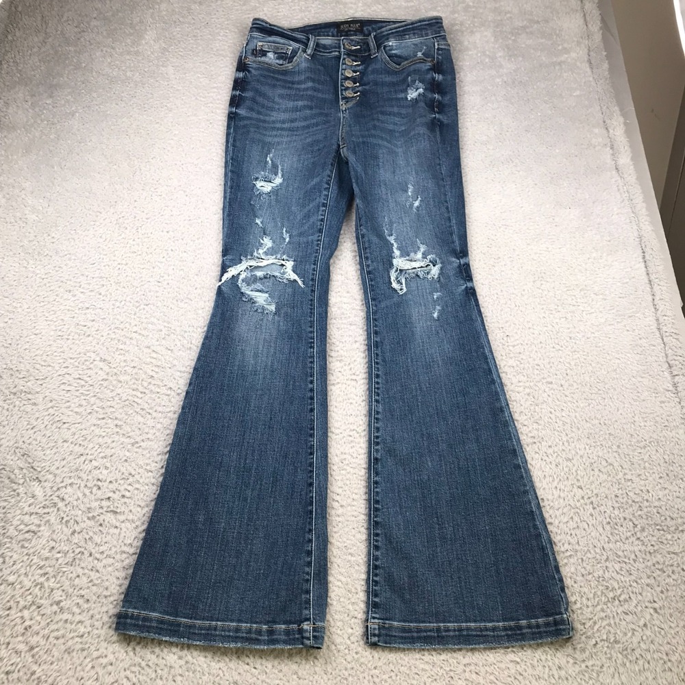 Judy Blue Medium Blue Distressed Flare Jeans